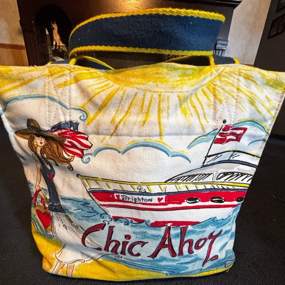 Brighton Canvas Tote Bag Chic Ahoy Nautical Theme Bag Shoulder Hand Painted - Picture 9 of 16